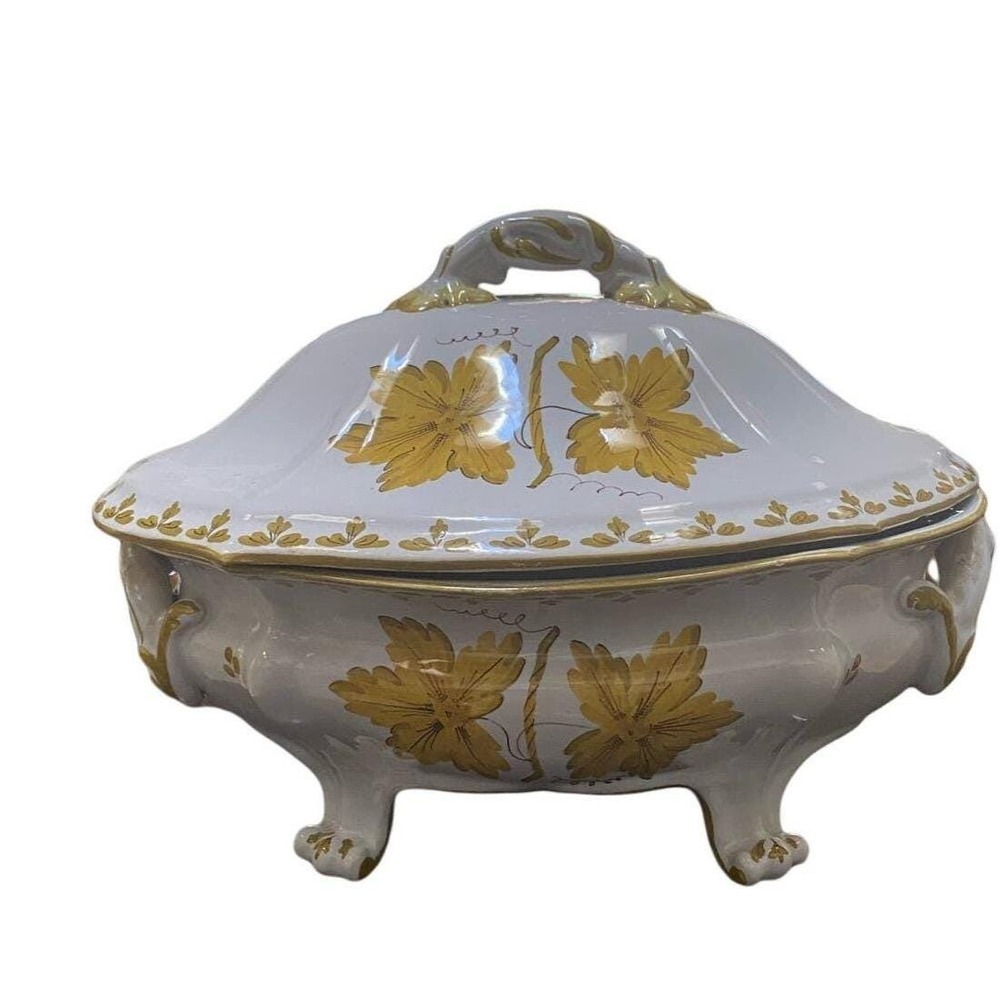 Vtg  Italian Footed‎ Soup Tureen Yellow Grape Leaf Ceramic Lidded Dish signed